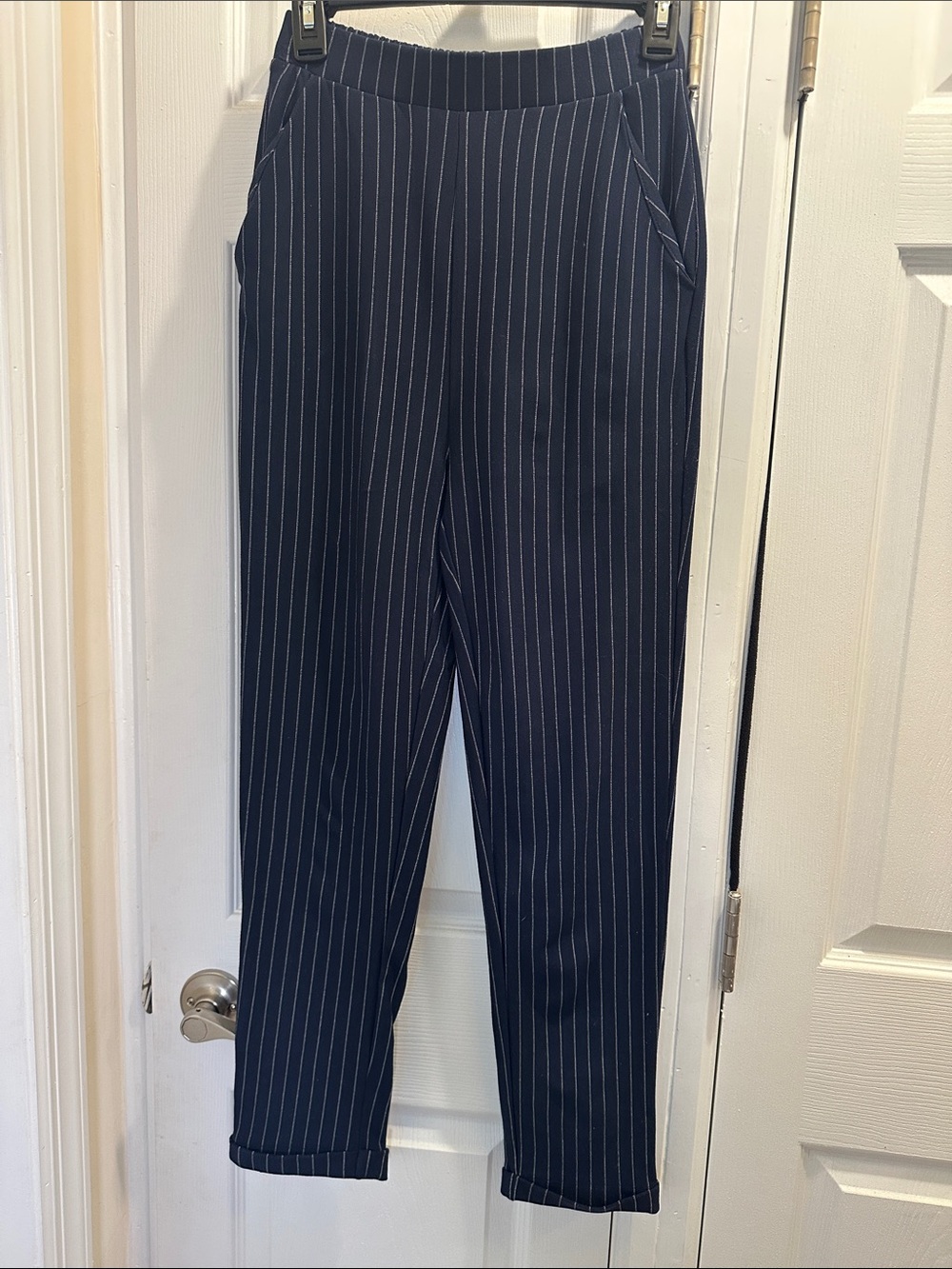 Women’s stretchy navy pinstripe pants
